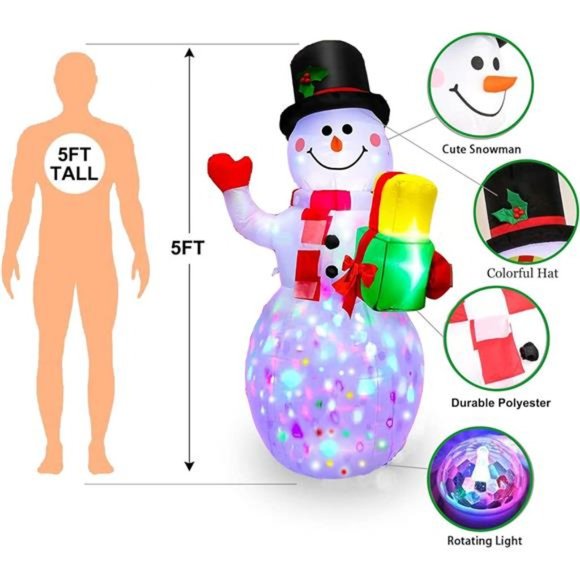 Christmas Inflatable Snowman Christmas Decorations with Bright Led Light, 5Ft - Picture 7 of 7
